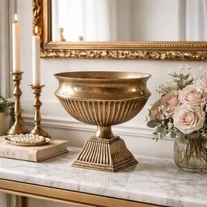 Vintage Brass Pedestal Urn Bowl Hollywood Regency Fluted Centerpiece